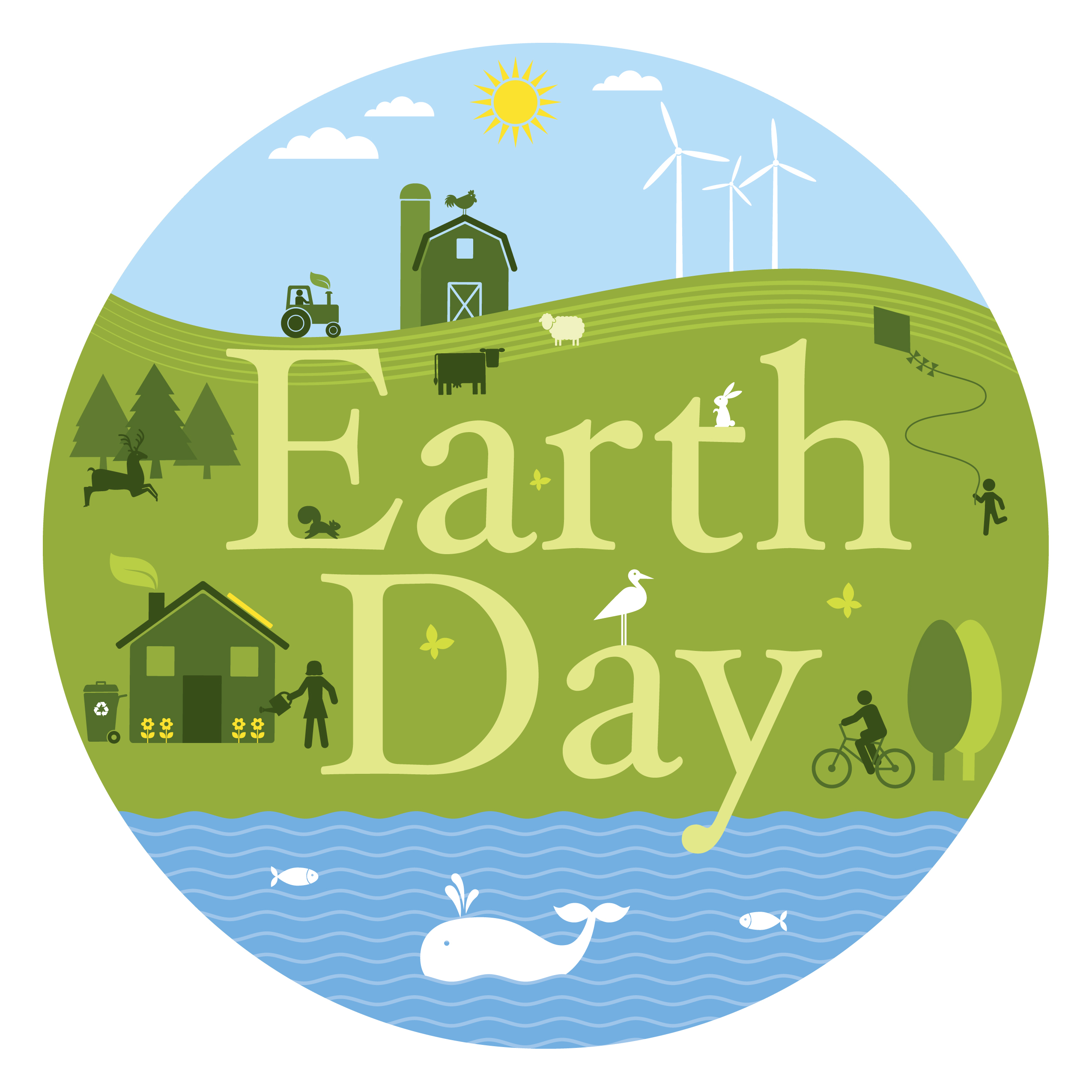 Earth Day logo with field and water and a whale